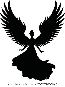 Black Color Women Angel Silhouette, Hand drawn angle dancing silhouette, A flying female angel woman with feather wings vector