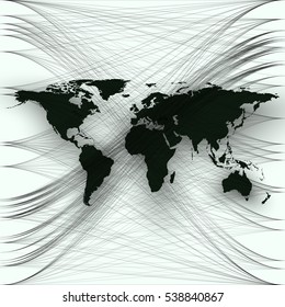 Black color world map with abstract waves and lines on white background. Motion design. Gray chaotic, random, messy curves, swirl. Vector decoration
