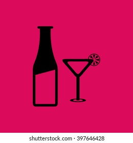 Black Colored Beer Bottle & Glass Icon. Eps-10.