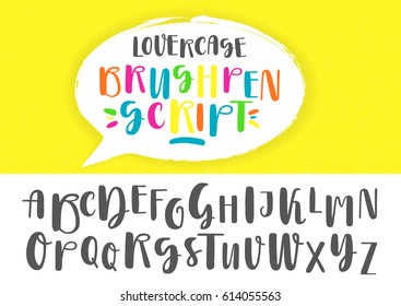 Black and colored capital handwritten vector brush pen alphabet on yellow background inside dialog balloon.