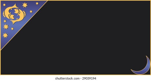black colored  card in horizontal format with a blue gradient triangle frame in the left edge and one sign of the zodiac - fish - volans - pisces - and golden stars