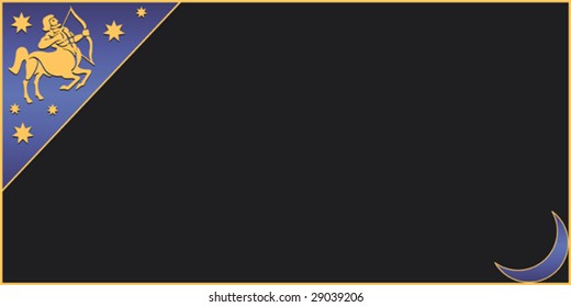 black colored  card in horizontal format with a blue gradient triangle frame in the left edge and one sign of the zodiac - archer - sagittarius - and golden stars