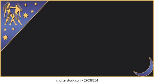 black colored  card in horizontal format with a blue gradient triangle frame in the left edge and one sign of the zodiac - twins - "castor & pollux" - and golden stars