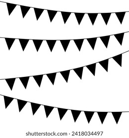 Black colored carnival wreath isolated on white background. Triangular flag hanging on a rope. Suitable for party celebrations, festivals, fairs and carnivals. Vector silhouette