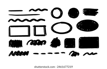 Black colored charcoal pencil scribble vector set. Childish drawing. Doodles and curved lines, straight thin strokes. Colorful pencil sketchy lines. Grungy smears and rough crayon strokes.