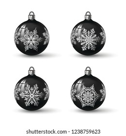 Black colored christmas balls with different snowflake ornament on it. Set of isolated realistic glass balls. Vector illustration for your design.