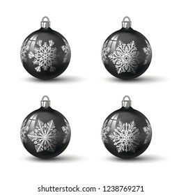 Black colored christmas balls with different snowflake ornament on it. Set of isolated realistic glass balls. Vector illustration for your design.