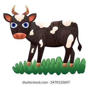 Black colored cow standing on grass. Vector illustration
