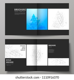 Black colored editable vector layout of two covers templates for square design bifold brochure, magazine, flyer. Polygonal background with triangles, connecting dots and lines. Connection structure.