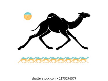 Black and colored graphic silhouette of a running arabic camel, wild dromedary. Vector illustration for tourism and travel around Egypt, isolated on background.