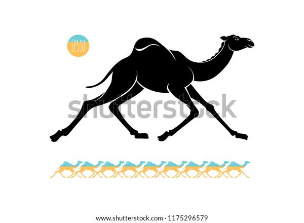 アラビアラクダの走る黒と色のグラフィックシルエット 野生のコブラクダ 背景にエジプトの観光や旅行用のベクターイラスト のベクター画像素材 ロイヤリティフリー