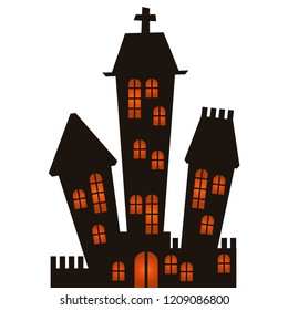 black colored illustrated castle for Halloween layouts isolated on white background
