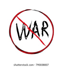 Black colored lettering war inside prohibition sign isolated on white background.