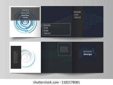 The black colored minimal vector illustration of editable layout with geometric background made from dots, circles, rectangles. Modern covers design templates for trifold square brochure or flyer.