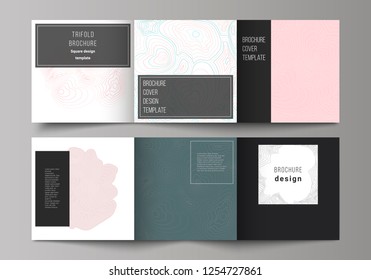 The black colored minimal vector illustration of editable layout. Modern creative covers design templates for trifold square brochure or flyer. Topographic contour map, abstract monochrome background.