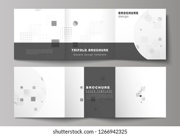 The black colored minimal vector illustration of editable layout. Modern creative covers design templates for trifold square brochure or flyer. Abstract vector background with fluid geometric shapes.