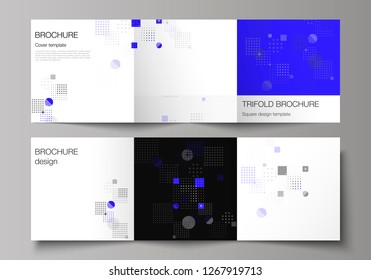 The black colored minimal vector illustration of editable layout. Modern creative covers design templates for trifold square brochure or flyer. Abstract vector background with fluid geometric shapes.