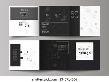 The black colored minimal vector illustration of editable layout. Modern creative covers design templates for trifold square brochure or flyer. Abstract vector background with fluid geometric shapes.