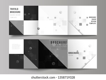 The black colored minimal vector illustration of editable layout. Modern creative covers design templates for trifold square brochure or flyer. Abstract vector background with fluid geometric shapes.