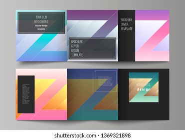 The black colored minimal vector illustration of editable layout. Modern creative covers design templates for trifold square brochure or flyer. Creative modern cover concept, colorful background.