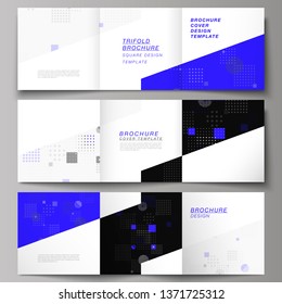 The black colored minimal vector illustration of editable layout. Modern creative covers design templates for trifold square brochure or flyer. Abstract vector background with fluid geometric shapes.