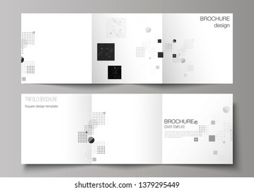 The black colored minimal vector illustration of editable layout. Modern creative covers design templates for trifold square brochure or flyer. Abstract vector background with fluid geometric shapes.
