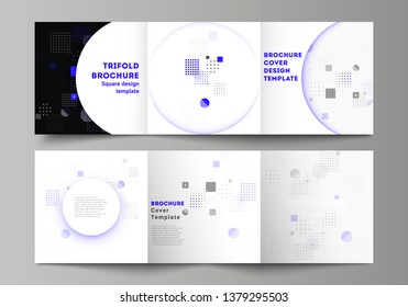 The black colored minimal vector illustration of editable layout. Modern creative covers design templates for trifold square brochure or flyer. Abstract vector background with fluid geometric shapes.