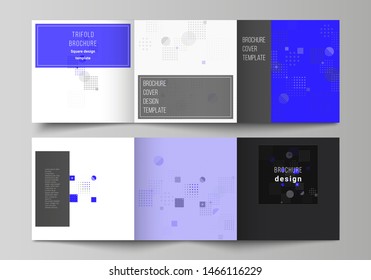 The black colored minimal vector illustration of editable layout. Modern creative covers design templates for trifold square brochure or flyer. Abstract vector background with fluid geometric shapes.