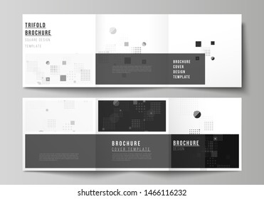 The black colored minimal vector illustration of editable layout. Modern creative covers design templates for trifold square brochure or flyer. Abstract vector background with fluid geometric shapes.