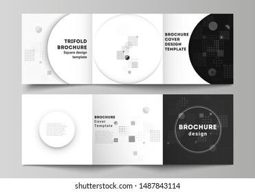 The black colored minimal vector illustration of editable layout. Modern creative covers design templates for trifold square brochure or flyer. Abstract vector background with fluid geometric shapes.