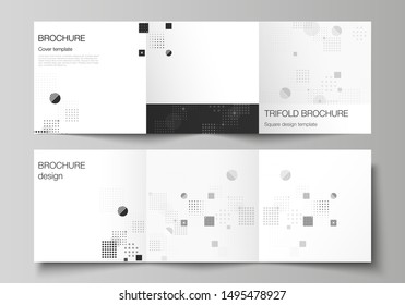 The black colored minimal vector illustration of editable layout. Modern creative covers design templates for trifold square brochure or flyer. Abstract vector background with fluid geometric shapes.