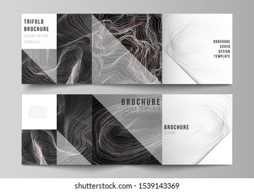 The black colored minimal vector illustration layout. Modern creative covers design templates for trifold square brochure or flyer. 3D grid surface, wavy vector background with ripple effect.