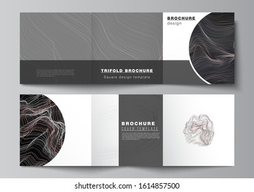 The black colored minimal vector illustration layout. Modern creative covers design templates for trifold square brochure or flyer. 3D grid surface, wavy vector background with ripple effect.
