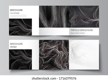 The black colored minimal vector illustration layout. Modern creative covers design templates for trifold square brochure or flyer. 3D grid surface, wavy vector background with ripple effect.
