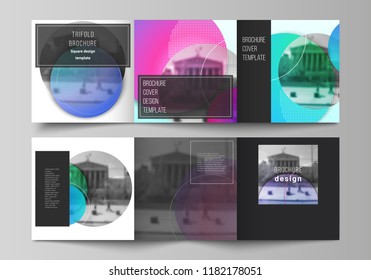 The black colored minimal vector layout. Modern creative covers design templates for trifold square brochure or flyer. Creative modern bright background with colorful circles and round shapes.