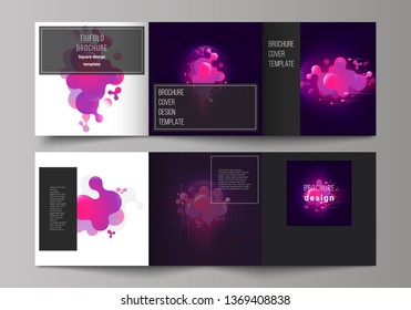 The black colored minimal vector layout. Modern creative covers design templates for trifold square brochure or flyer. Black background with fluid gradient, liquid pink colored geometric element.