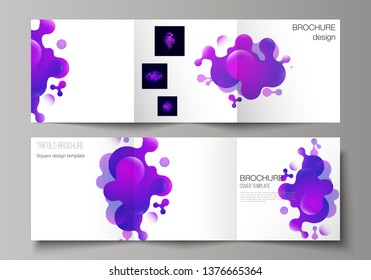 The black colored minimal vector layout. Modern creative covers design templates for trifold square brochure or flyer. Black background with fluid gradient, liquid blue colored geometric element.