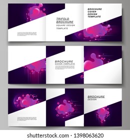 The black colored minimal vector layout. Modern creative covers design templates for trifold square brochure or flyer. Black background with fluid gradient, liquid pink colored geometric element