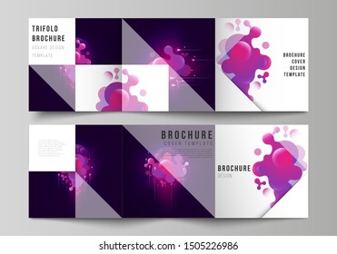 The black colored minimal vector layout. Modern creative covers design templates for trifold square brochure or flyer. Black background with fluid gradient, liquid pink colored geometric element.