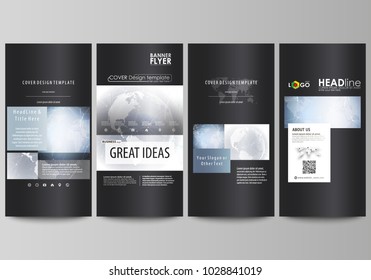 The black colored minimalistic vector illustration of the editable layout of four vertical banners, flyers design business templates. Abstract futuristic network shapes. High tech background