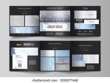 The black colored minimalistic vector illustration of the editable layout. Two creative covers design templates for square brochure. Technology concept. Molecule structure, connecting background.
