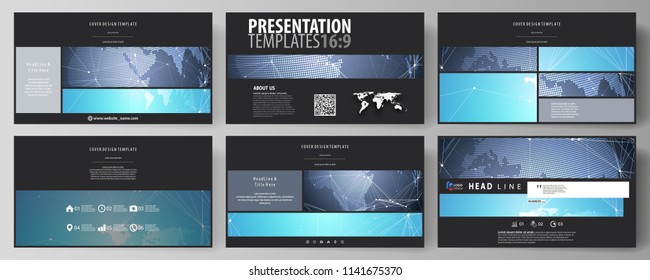 The black colored minimalistic vector illustration of the editable layout of high definition presentation slides design templates. Abstract global design. Chemistry pattern, molecule structure.