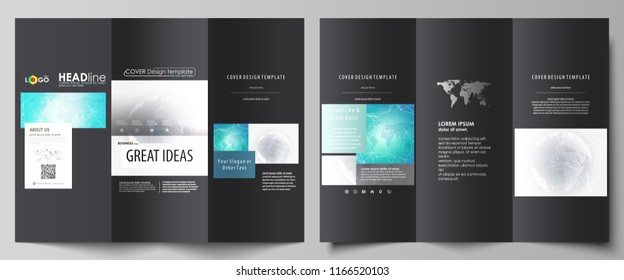 The black colored minimalistic vector illustration of the editable layout of two creative tri-fold brochure covers design templates. Chemistry pattern. Molecule structure. Medical, science background