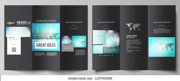 The black colored minimalistic vector illustration of the editable layout of two creative tri-fold brochure covers design templates. Molecule structure, connecting lines and dots. Technology concept.