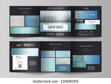 The black colored minimalistic vector illustration of the editable layout. Two creative covers design templates for square brochure. Chemistry pattern, connecting lines and dots. Medical concept.
