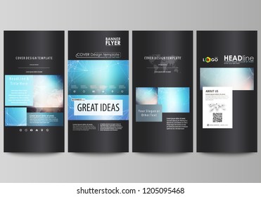 The black colored minimalistic vector illustration of the editable layout of four vertical banners, flyers design business templates. Molecule structure. Science, technology concept. Polygonal design.