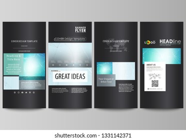 The black colored minimalistic vector illustration of the editable layout of four vertical banners, flyers design business templates. Futuristic high tech background, dig data technology concept.