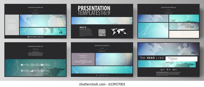 The black colored minimalistic vector illustration of the editable layout of high definition presentation slides design templates. Molecule structure, connecting lines and dots. Technology concept