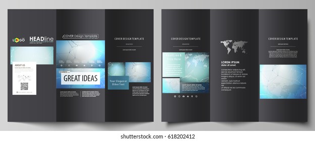 The black colored minimalistic vector illustration of the editable layout of two creative tri-fold brochure covers design templates. Chemistry pattern, connecting lines and dots. Medical concept