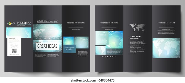 The black colored minimalistic vector illustration of the editable layout of two creative tri-fold brochure covers design templates. Chemistry pattern, molecule structure, geometric design background.